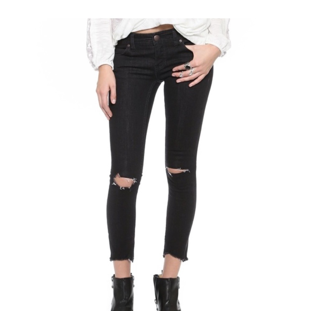Free People Black Denim Jeans Pants Indie Sleaze Destroyed Hem Black Size 25